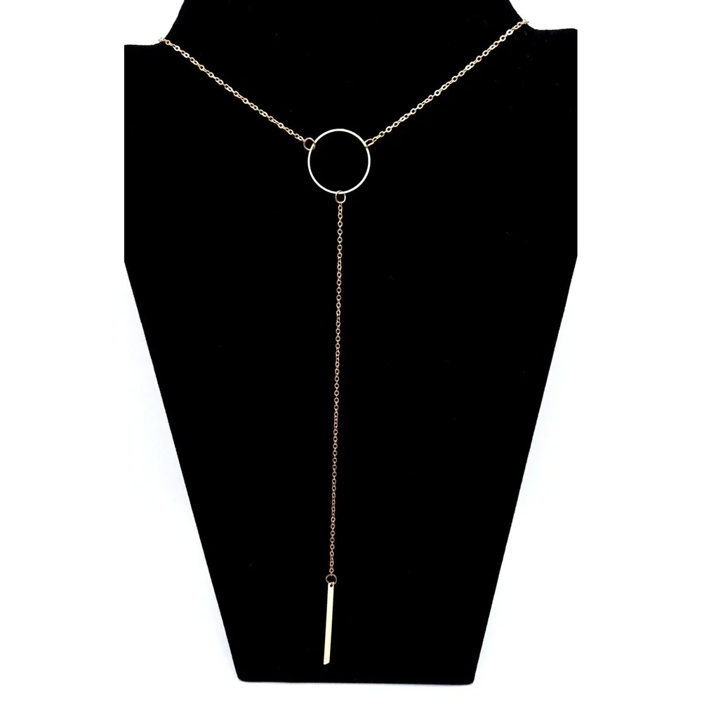 Gold Tone Lariat Necklace Circle‎ Bar Minimalist Pendant